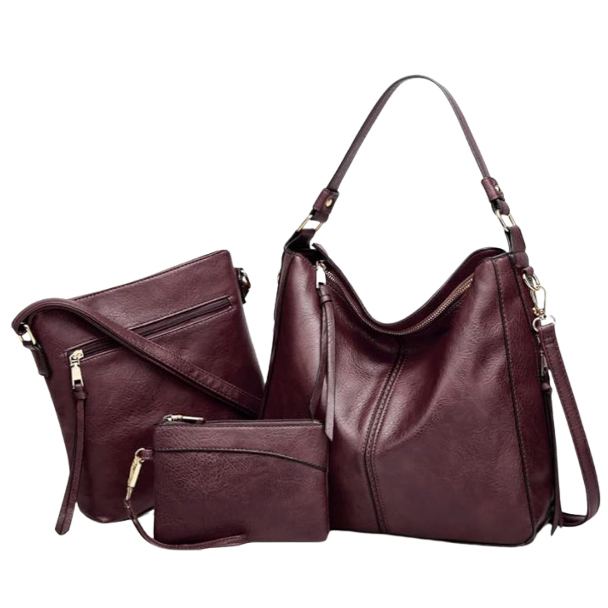 Burgundy — Hobo Bag + Crossbody + Wallet